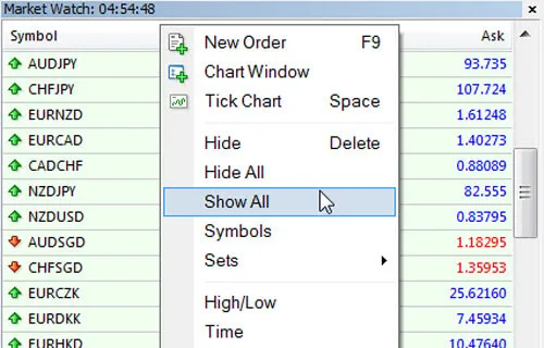 How to Create a Custom Market Watch Currency Set in Metatrader 4 (MT4) 1 Step 1: Select "Show All" Currency Symbols