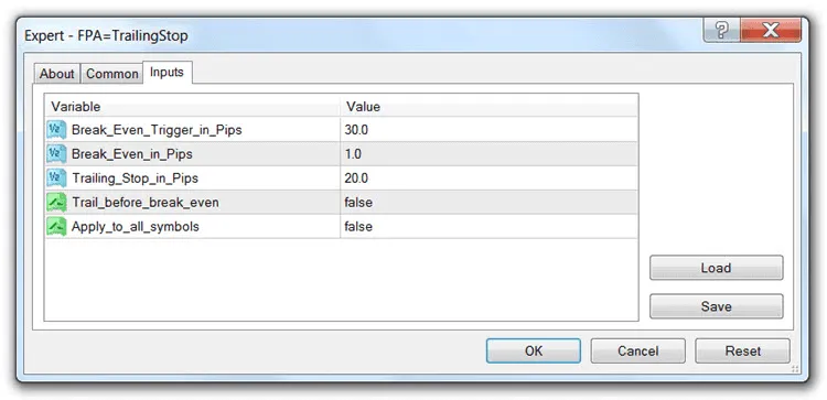 Metatrader 4 Trailing Stop EA Settings