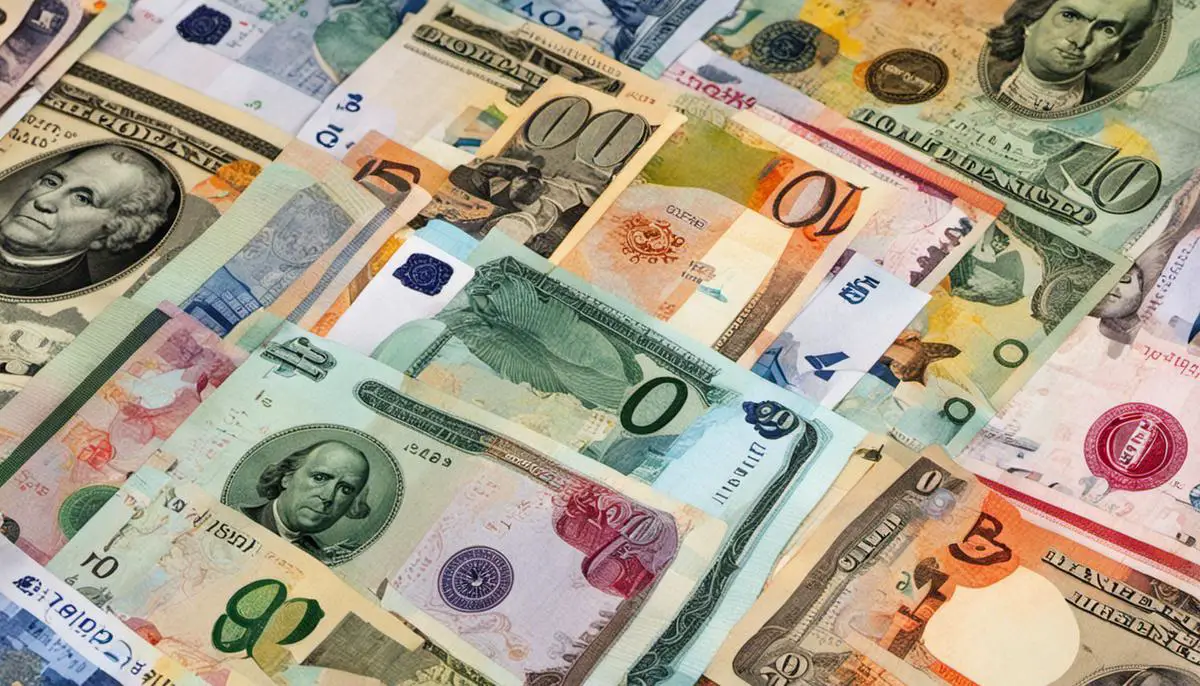 Understanding Forex Market Opening Times 2 Image of various currency pairs represented by different international banknotes, symbolizing the interconnectedness and influence of market opening times on currency pairs.