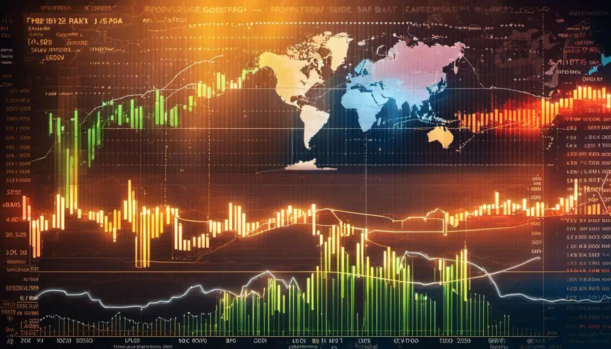 An image depicting various economic indicators such as GDP growth, inflation rate, interest rate, employment numbers, consumer sentiment index, and trade figures, that impact the US30 Forex market.