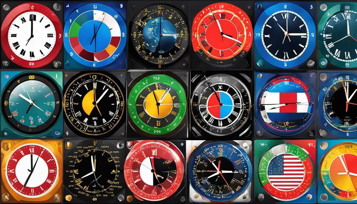 A clock showing different time zones around the world and overlapping sessions in different colors, representing the global Forex market timings