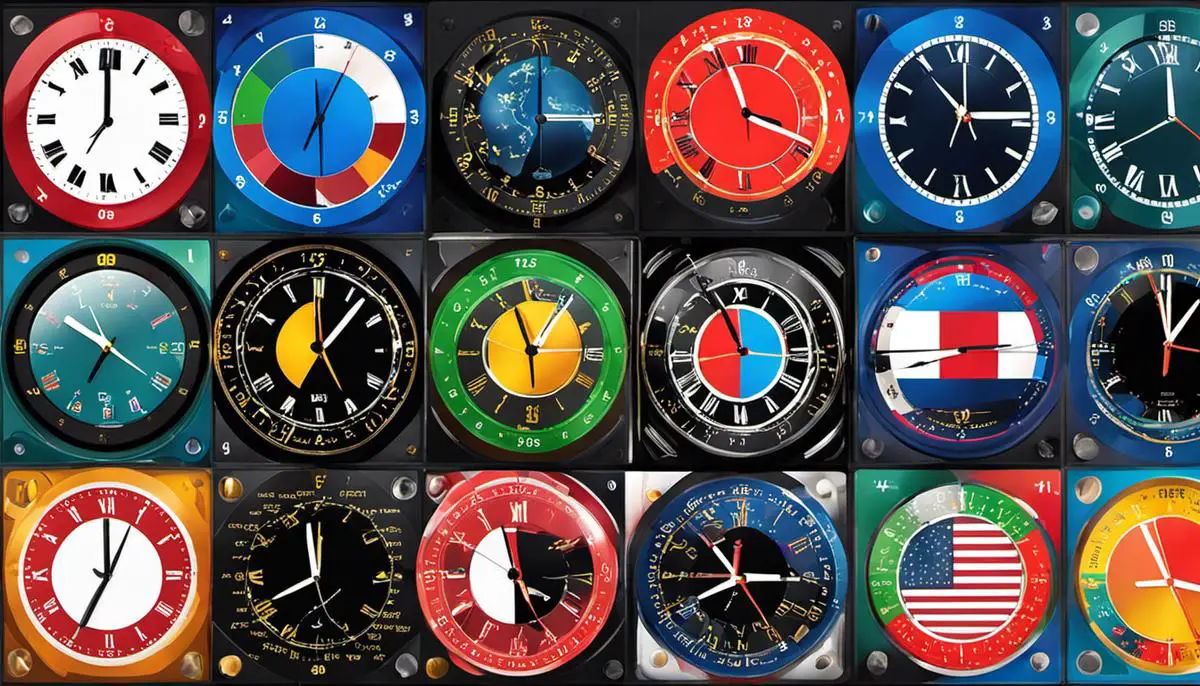 Understanding Forex Market Opening Times 1 A clock showing different time zones around the world and overlapping sessions in different colors, representing the global Forex market timings