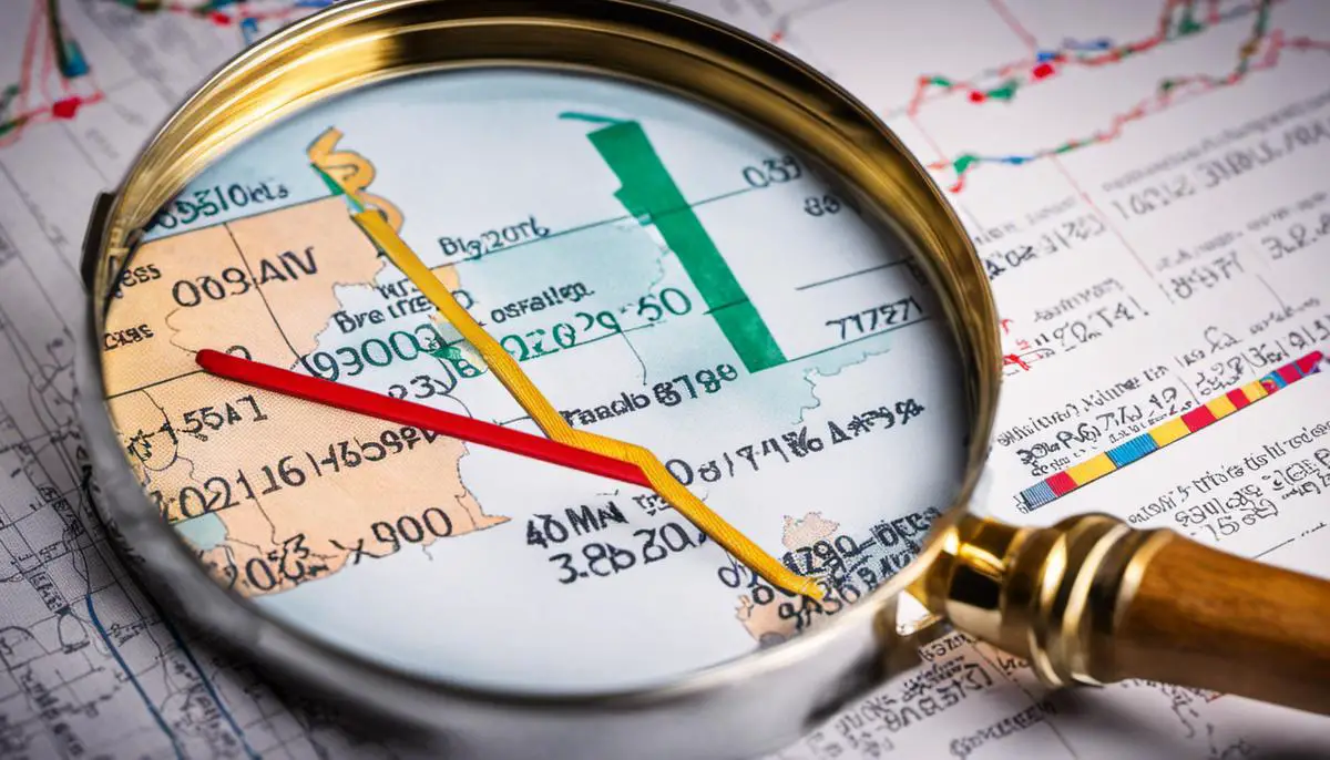 Image description: A magnifying glass focused on a chart showing PIP values in forex trading.