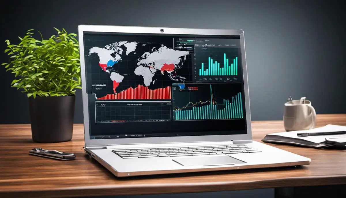 Revolutionizing Trades with US30 Forex Strategies 4 A graphic showing a laptop displaying a forex trading platform with various financial charts and data for visually impaired users.